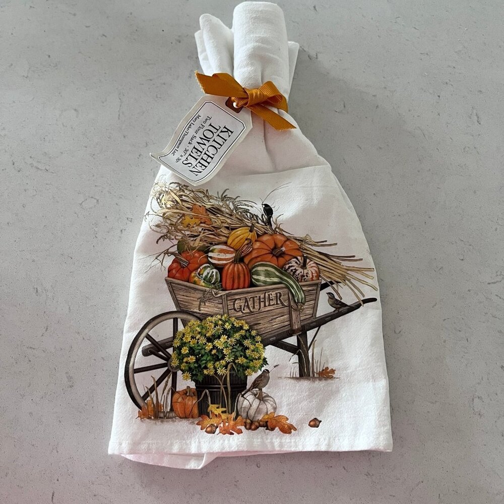 NEW 2 Kitchen Tea Dish Towels “gather” thanksgiving towel 100% Cotton